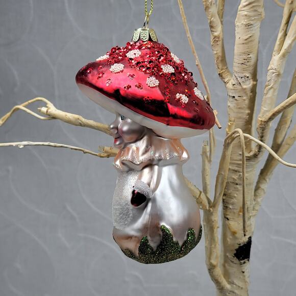 Vtg Mushroom Ornament 5" Red Cap Hand Painted Glittered Mercury Glass Christmas - Picture 6 of 11